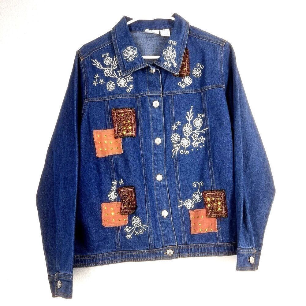 Vintage denim jackets classic women vintage boho hipster embroidery  romantic L